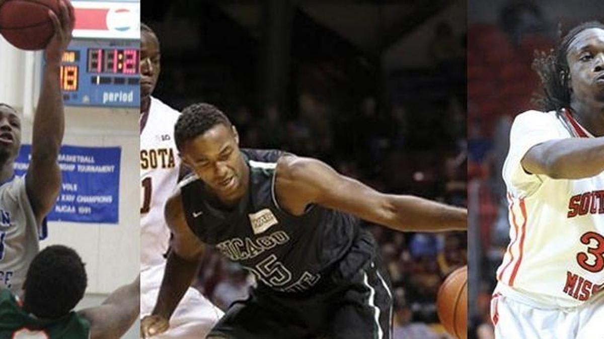 From left Conlan Callahan, of Lincoln College; Chicago State’s Devon Friend and Southeast Missouri State’s JT Jones all will play for the Lindenwood-University Belleville Lynx this season in men’s basketball.