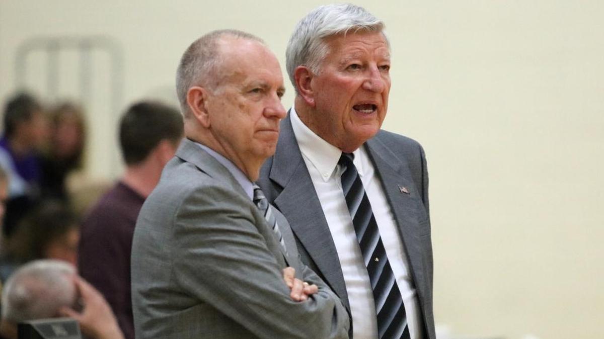 William Jewell’s Larry Holley (left) and McKendree head coach Harry Statham meet prior to the Bearcats’ GLVC home game Thursday night in Lebanon. Statham (1,121 career wins) and Holley (now 902 wins after the Cardinals’ 84-78 triumph on Thursday) were part of the first-ever meeting between two coaches with a combined 2,000 career wins.