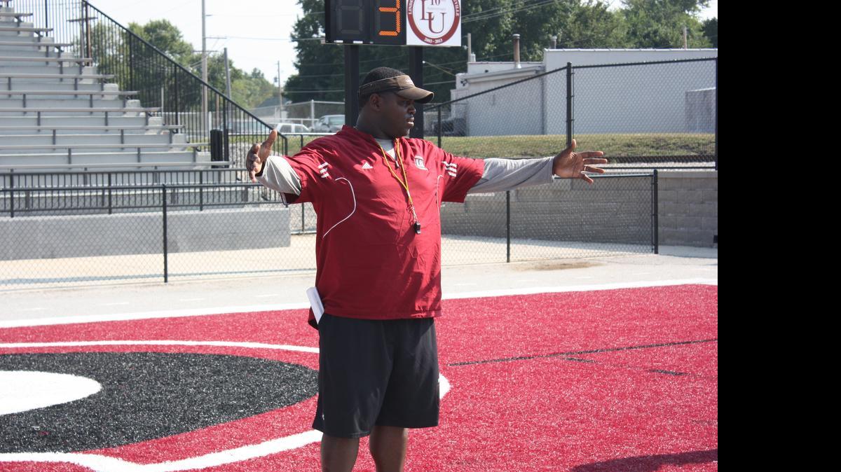 
Lindenwood University-Belleville interim coach Bryon Gettis is seen during a Lynx practice. Gettis is leading the program after coach Jeff Fisher was fired Thursday. 
