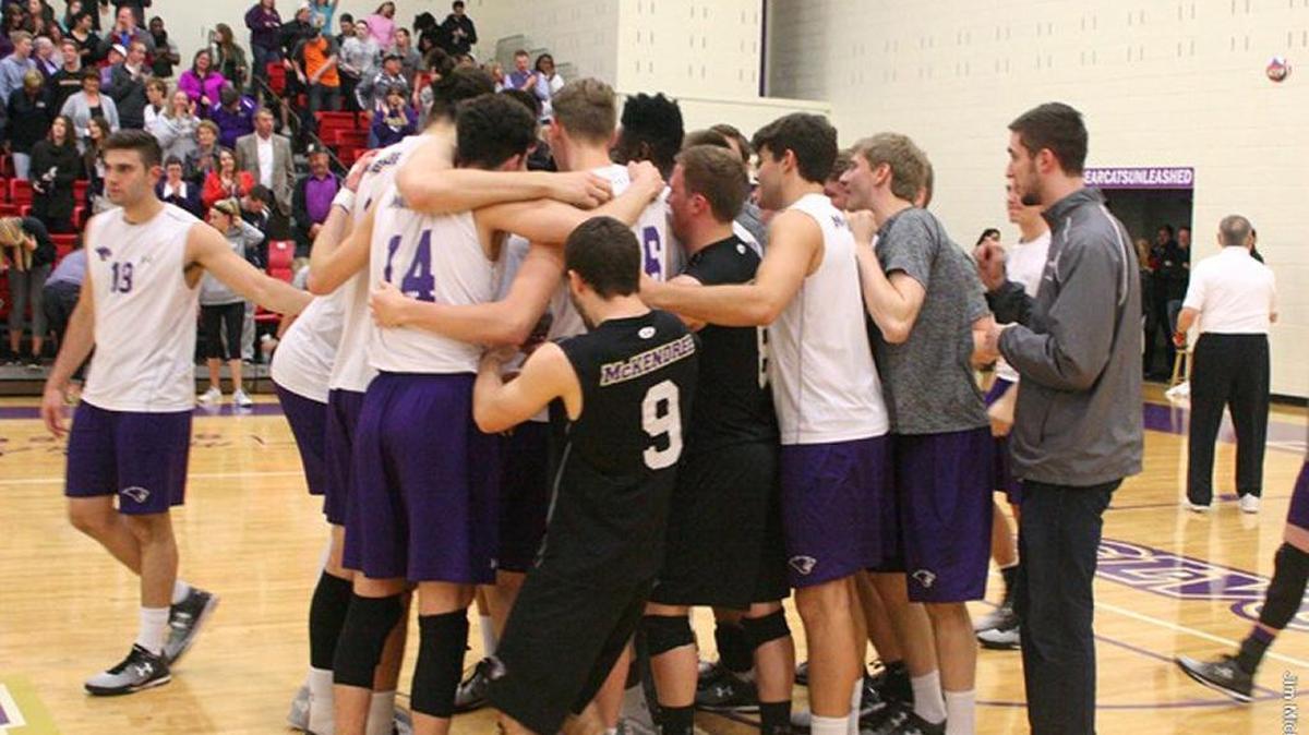 The McKendree University men’s volleyball team celebrated after clinching a bid to their first postseason tournament in program history Friday night inside the Harry M. Statham Sports Center with a 3-0 sweep over Quincy University.