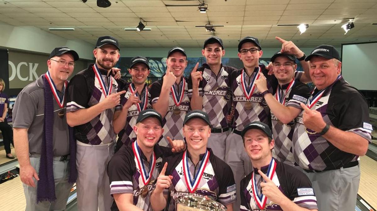 The McKendree University men’s bowling team celebrates after capturing its first-ever national championship Saturday night by winning the 2016 Intercollegiate Team Championships held in Wichita, Kan.