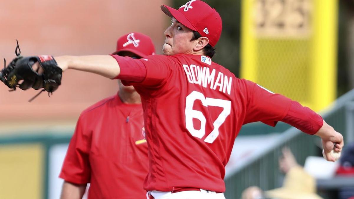 St. Louis Cardinals pitcher Matt Bowman warms up before pitching against the Nationals.