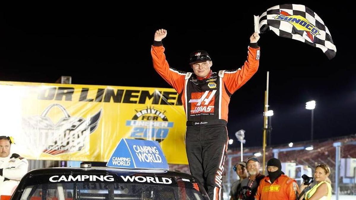 Cole Custer celebrates his victory in a NASCAR Camping World Truck Series race at Gateway Motorsports Park.