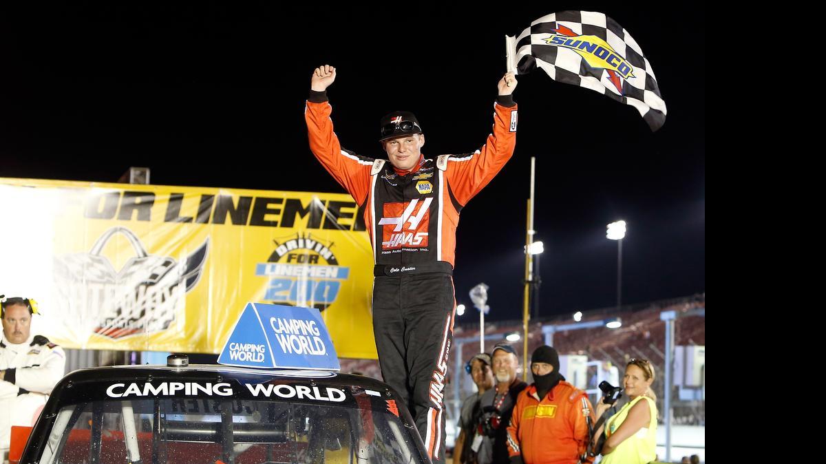 
Cole Custer celebrates his victory in a NASCAR Camping World Truck Series race at Gateway Motorsports Park on Saturday night in Madison.
