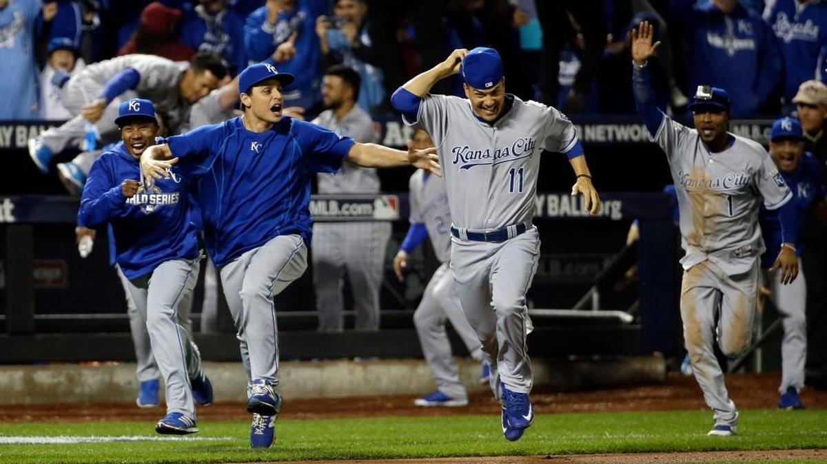 The Kansas City Royals celebrate Monday after Game 5 of the Major League Baseball World Series against the New York Mets in New York. The Royals won 7-2 to win the series.