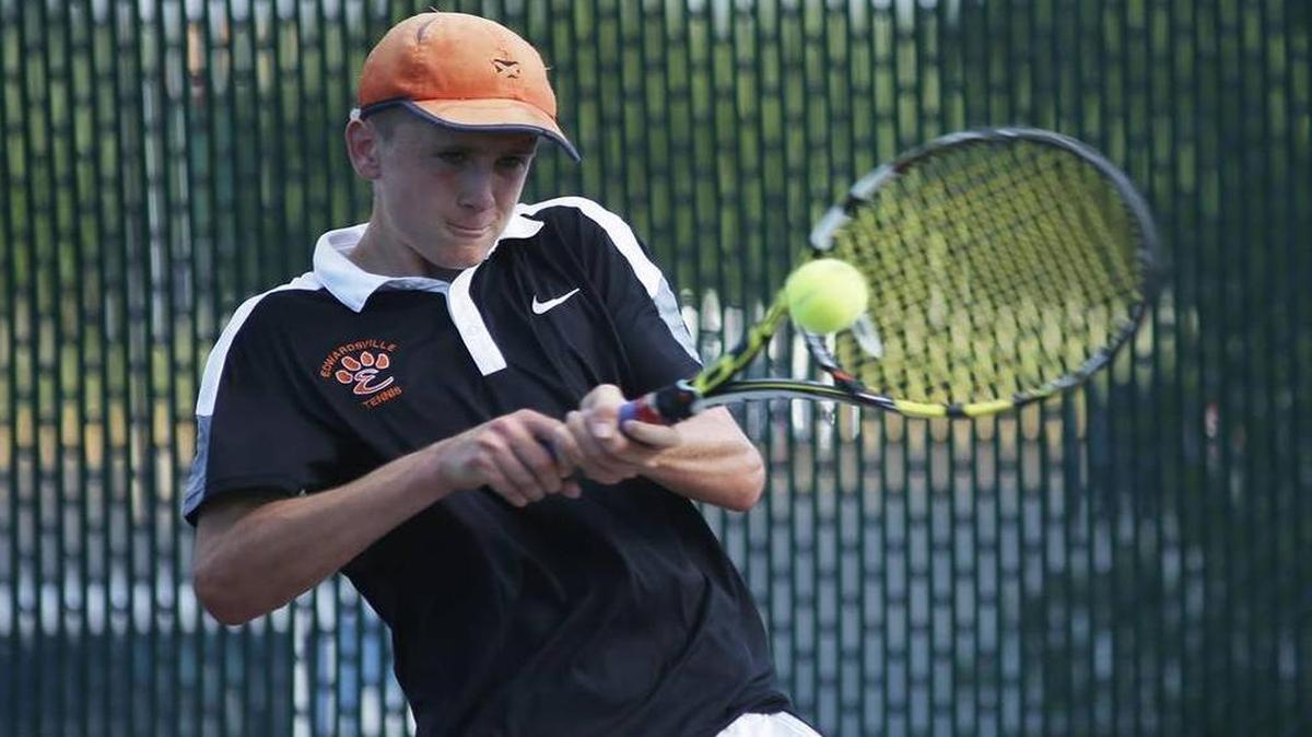 Edwardsville’s Alex Gray returns a shot in a match earlier this year. He and doubles partner Zach Trimpe are the top seed at the IHSA State Tennis Tournament, which begins Thursday.