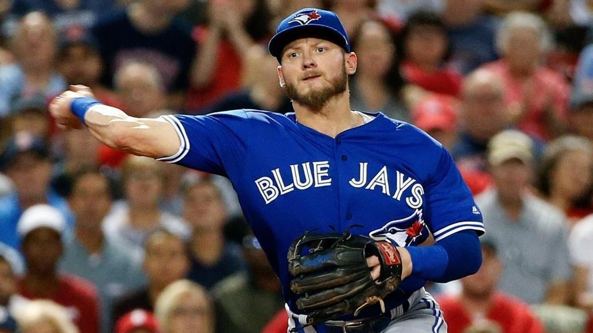 Toronto Blue Jays’ Josh Donaldson throws to first base during the first inning of a baseball game against the Boston Red Sox in Boston, Tuesday, Sept. 26, 2017.
