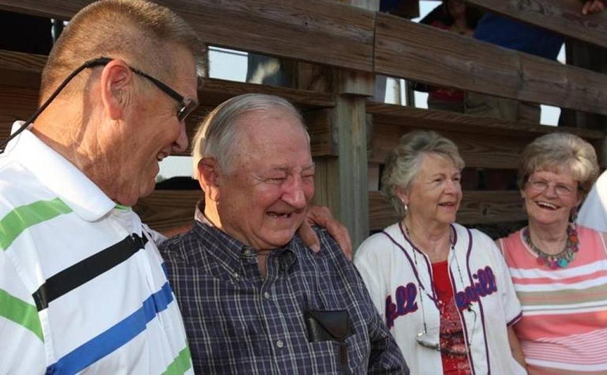 Barney Elser shares a laugh with former Cardinals manager Whitey Herzog during the dedication of Barney Elser Field in Belleville. Elser will receive the President’s Choice Award from the St. Louis Sports Hall of Fame.