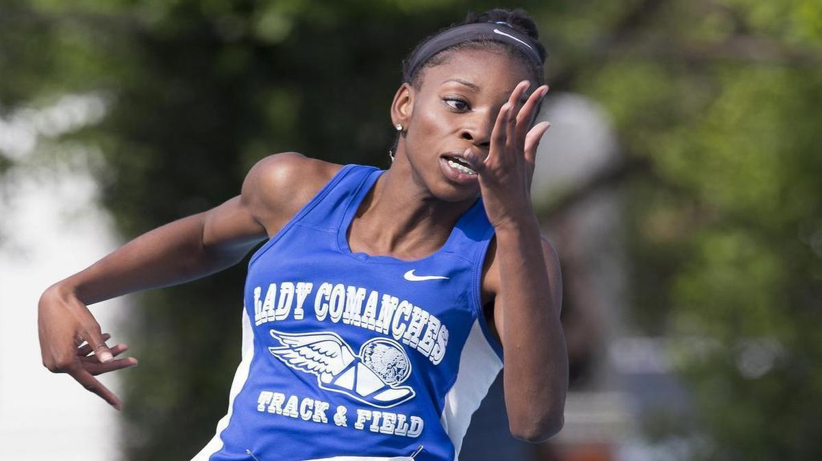 Cahokia’s Mariya Hudson is on her way to winning the 200-meter dash at the Class 2A state track meet in Charleston. Hudson’s win helpd the Comanches win state again.