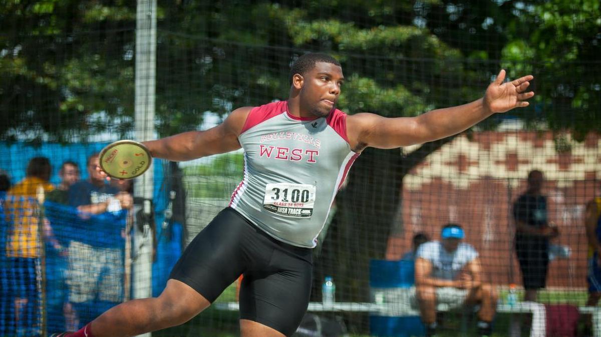 
Belleville West senior Ricky Nelson in the Discus Throw during the IHSA Track and Field State Finals in O'Brien Stadium on the campus of Eastern Illinois University in Charleston, Illinois on May 30, 2015. (Jay Grabiec for the Belleville News-Democrat) 
