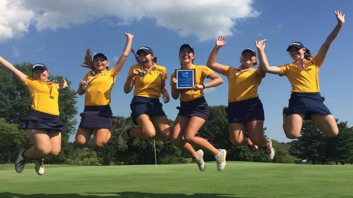 Members of the O’Fallon girls golf team celebrates a win at the 14-team Belleville East Invitational last month. The Panthers claimed a Class 2A regional championship Wednesday.