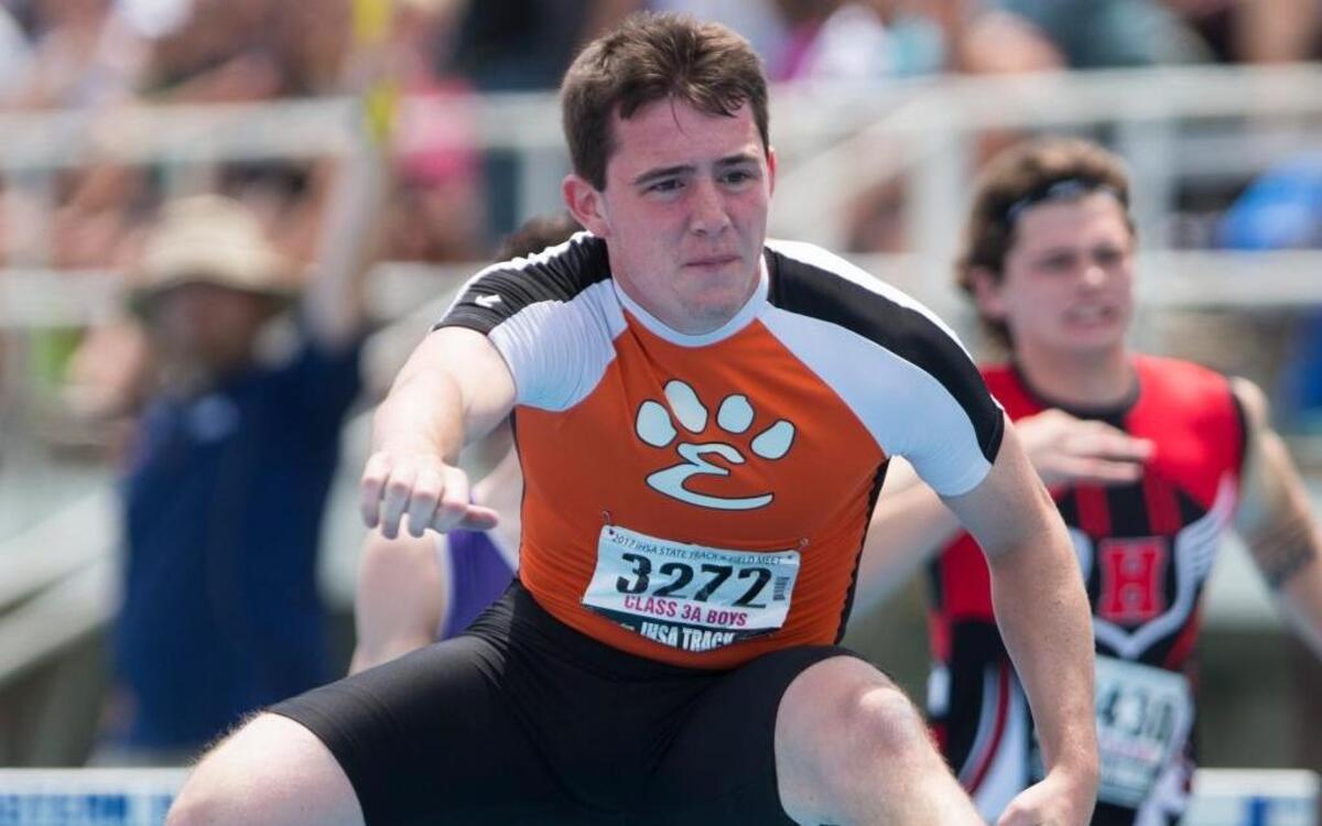 Edwardsville’s Matt Griebe competes in the Class 2A 110-meter high hurdles preliminary on Friday.