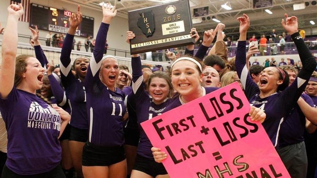 Shown here celebrating their sectional championship, the Mascoutah Indians volleyball teams hopes to hold another celebration at the Class 3A state tournament this weekend in Normal.