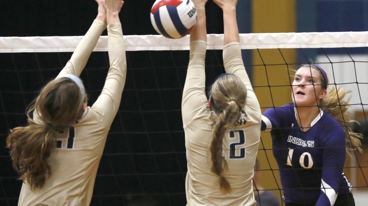 Mascoutah’s Megan Lindsay executing a kill against Althoff