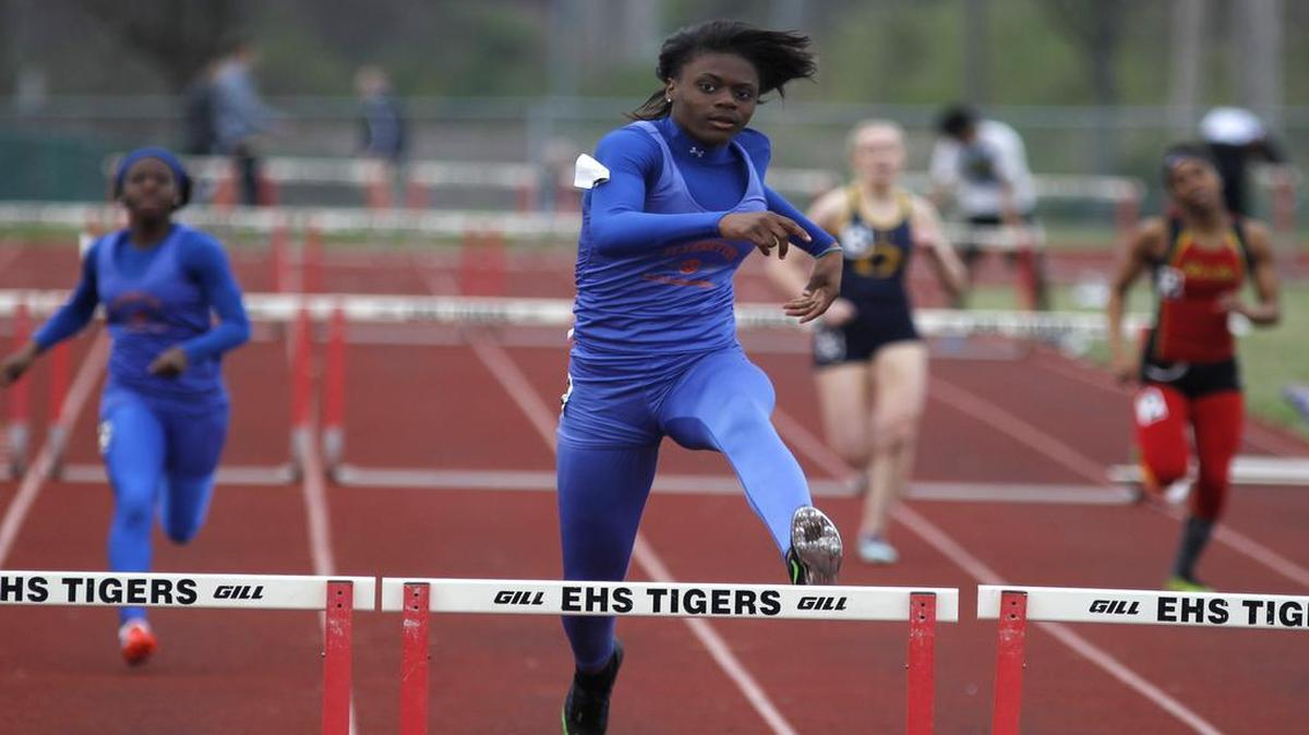 East St. Louis’ Rokelle Stanley wins the 300m hurdle event during the Southwestern Illinois Relays at Edwardsville High School on Friday.