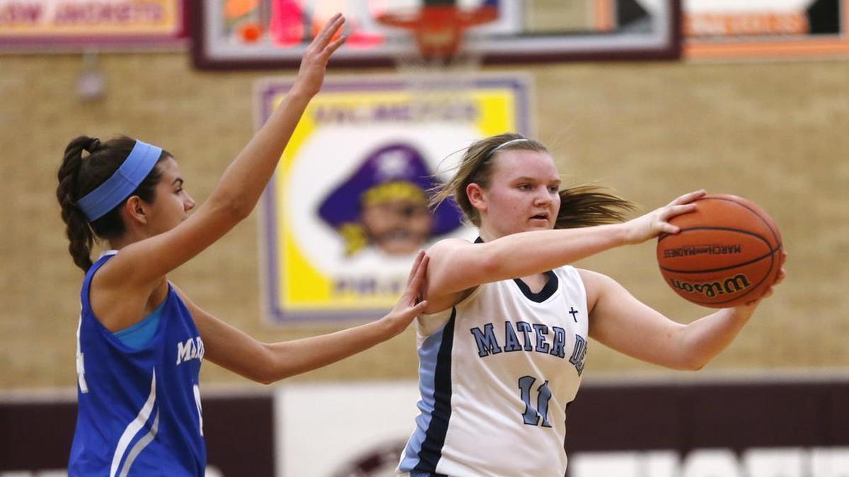 Mater Dei'a Kelsey Gerdes passes the ball away from Marquette's Taylor Aguirre during their Class 2A Regional at Dupo on Tuesday.