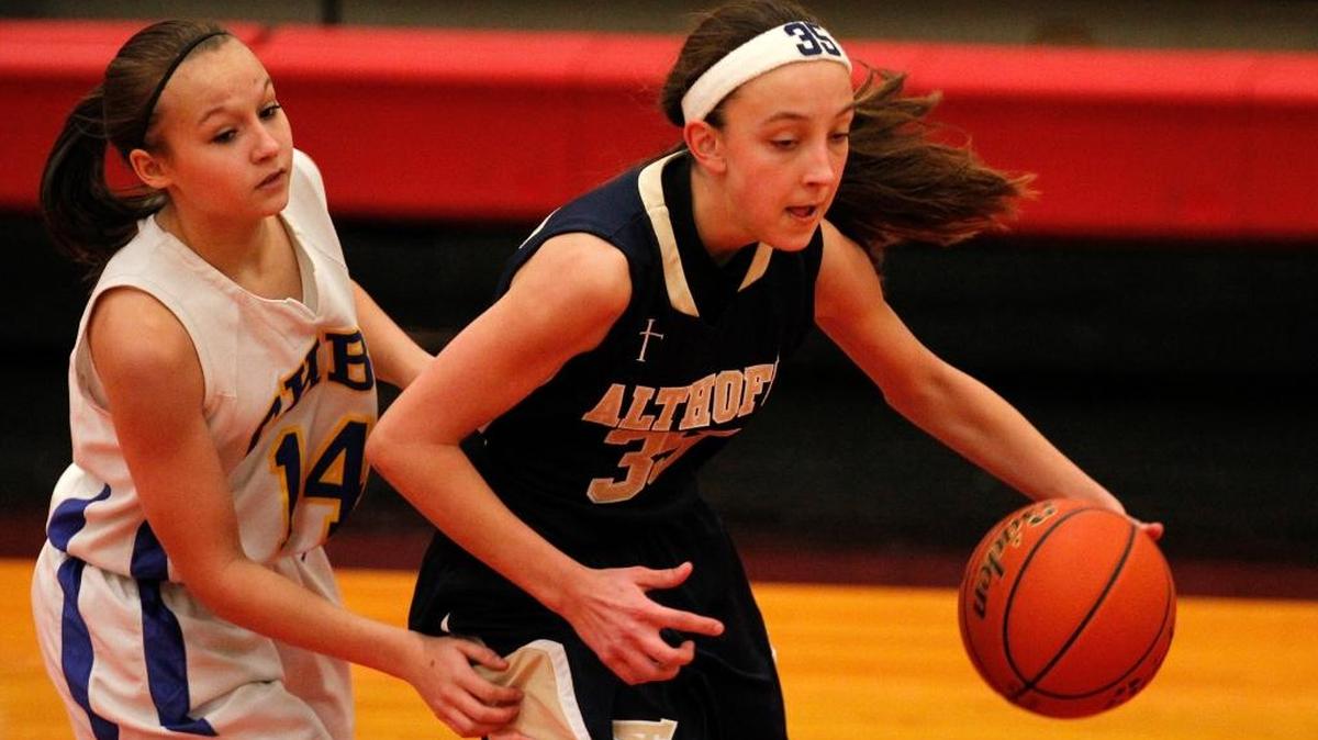 Althoff's Kyliegh Vaught drives past a defender in a game last season. Vaught was the Crusaders’ leading scorer at 13.8 points per game and returns as a junior under first-year coach Nick Knolhoff.