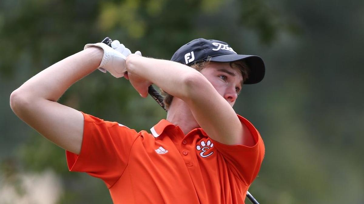 Edwardsville's Justin Hemings watches his drive from the tee on hole 8 during the Class 3A golf regional at Oak Brook golf course in Edwardsville.