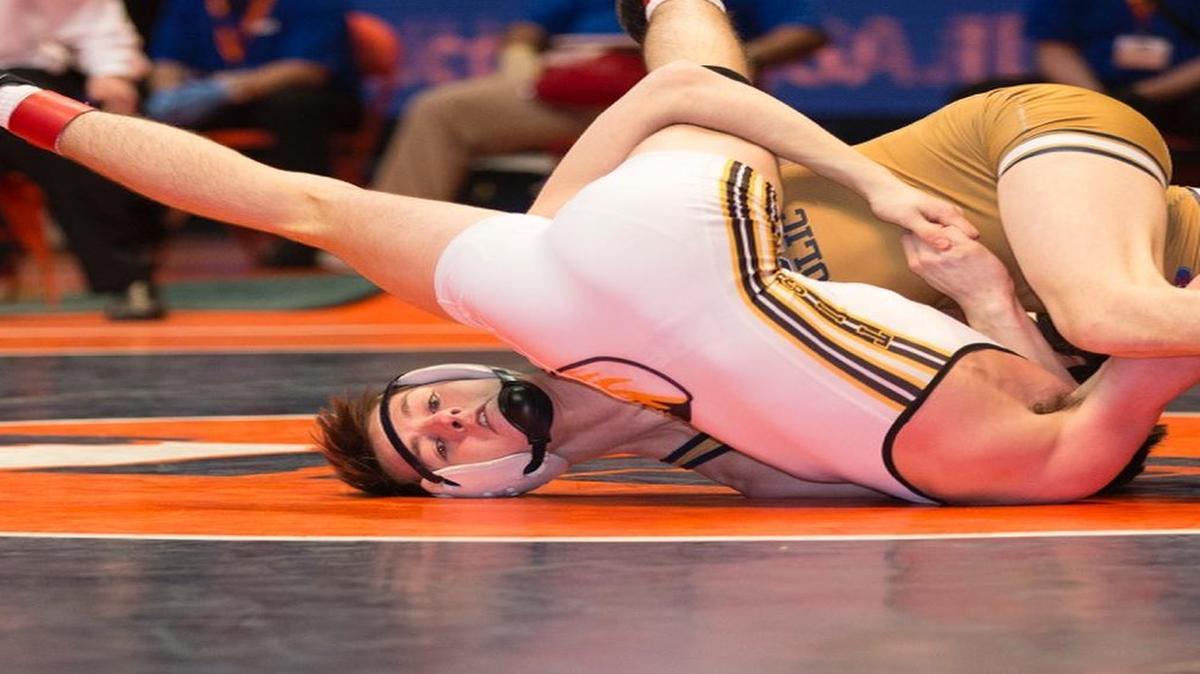 Atlhoff sophomore Chase Bittle has Anthony Rink, of Herscher, in a predicament in the Class 1A 120-pound title match in Champaign.