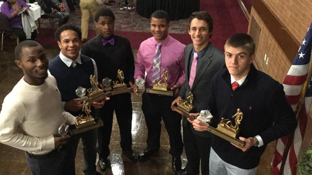 The Belleville All-City Football Team was announced during the 71st annual Rotary Football Banquet at Fisher’s Restaurant on Tuesday. Twenty-four players were honored including the offensive and defensive MVPs from each of Belleville’s schools. Those players are, from left to right, Shemar Welch of Belleville East, Nick Foster of Belleville West, TeAntez Anthony of West, Bryson Strong of Althoff, Drew Millas of East, and Jordan Augustine of Althoff.