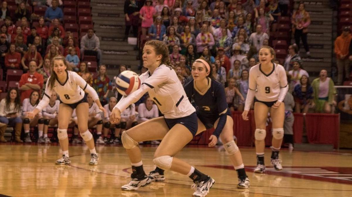 Katie Wemhoener bumps the ball during the Althoff Crusaders’ state championship win over Chicago Resurrection at Redbird Arena Saturday.