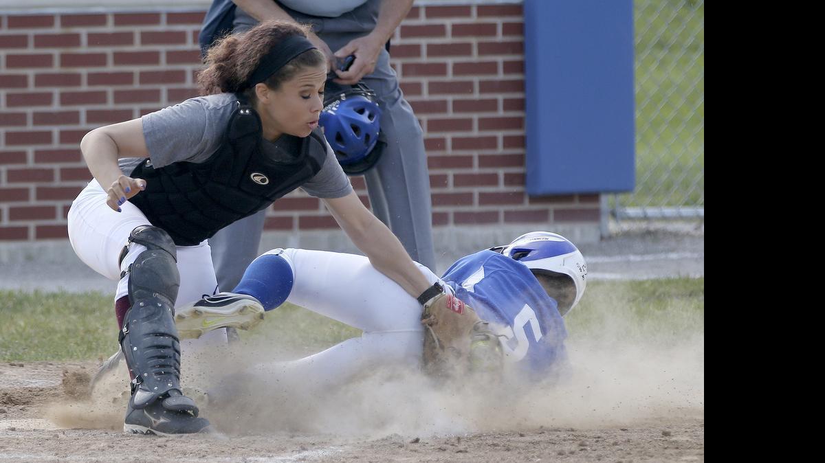 
Belleville West catcher Juanda Eisemann tags Freeburg's Amber Matchett out at home in the 2nd inning.
