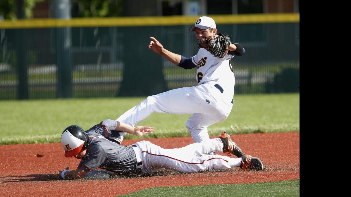 
Edwardsville's Mitchell Krebs is tagged out by O'Fallon's Camden Bauer during their game on Thursday.
