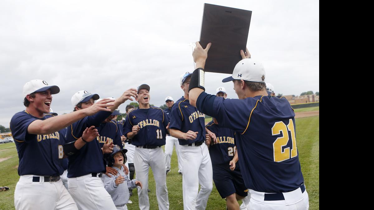 
O'Fallon baseball players celebrate their Class 4A Regional Championship win over Belleville East on Monday afternoon.
