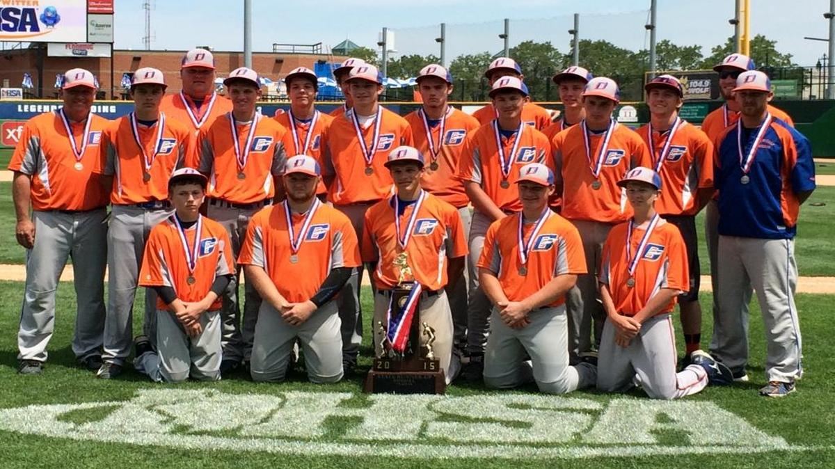 The Okawville Rockets with their second-place trophy at the 2015 Class 1A state baseball tournament in Peoria.