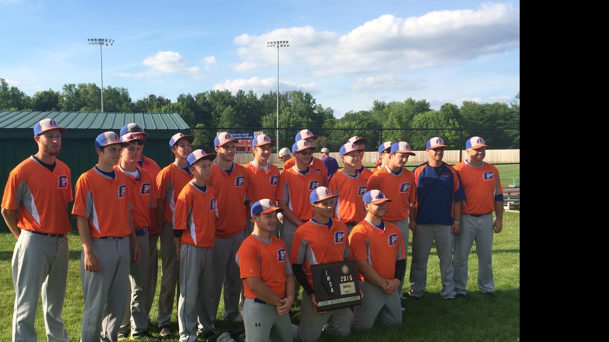 
Okawville Rockets show off their super-sectional trophy following a 5-3 win Tuesday over Triopia
