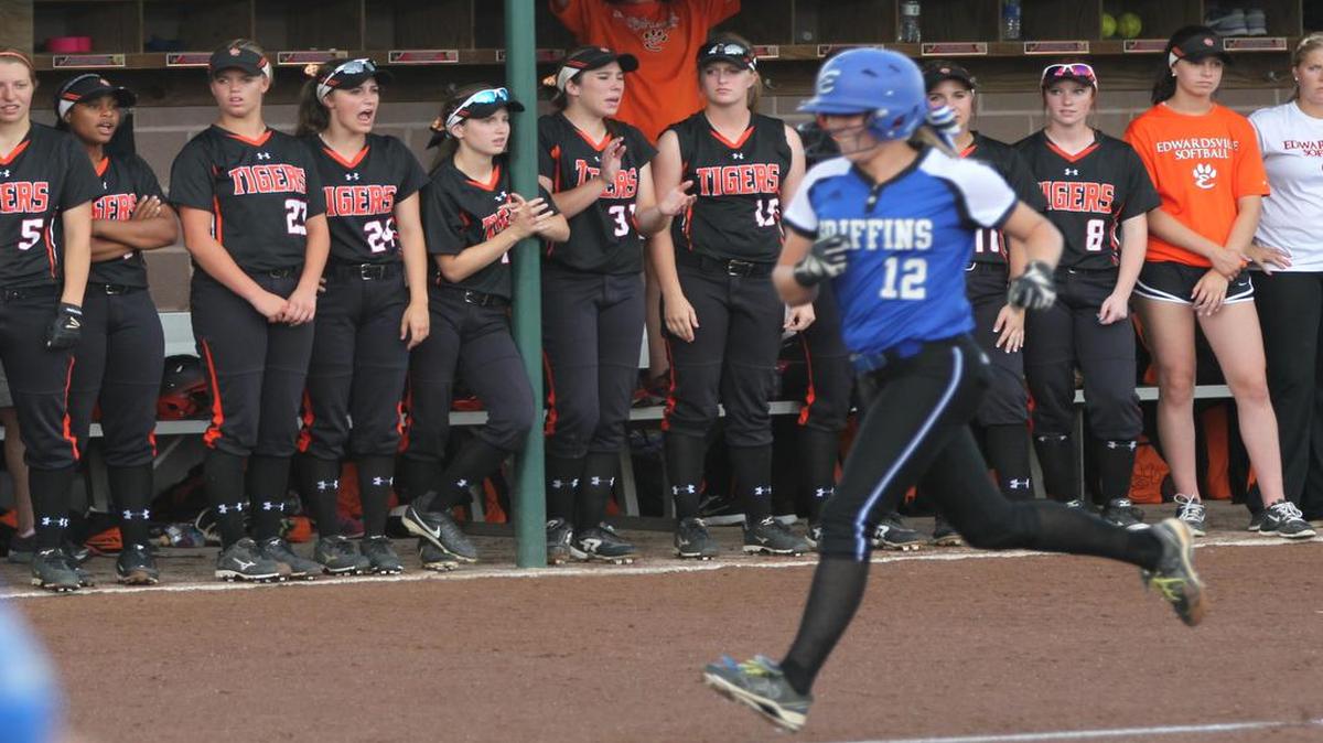 
Lincoln-Way East’s Nikole Van Gennep runs to home on her 1st inning home run to put Lincoln-Way East up 2 to 1 against Edwardsville.
