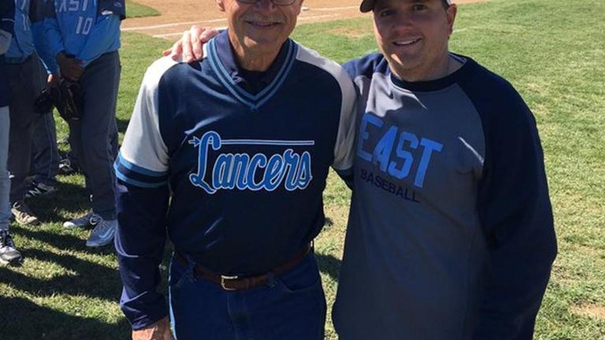 Former Belleville East baseball coach Larry Patton with current coach Ryan Wiggs
