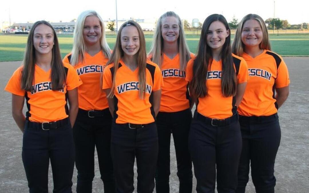 Six Wesclin Middle School softball players had a hand in turning two triple plays in one game on Thursday, Sept. 22. They include, from left to right, pitcher Bailey Bell, center fielder Kenadi Barriger, first baseman Hailey Rakers, second baseman Emily Ottensmeier, catcher Abby Oster, and third baseman Georgia Litteken.