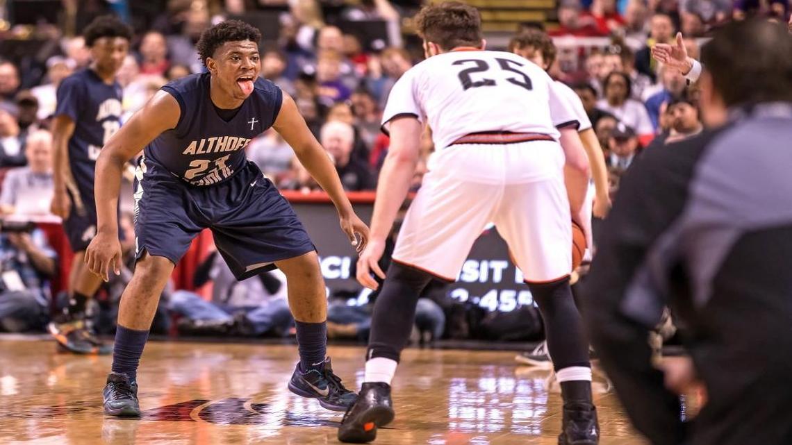 Althoff’s Jordan Goodwin as seen on court during a game at Peoria Carver Arena in the Class 3A State Championship game.