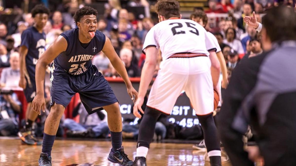 Althoff senior and St. Louis University recruit Jordan Goodwin (23) will lead the Crusaders into the finale games at both the Highland Shootout and the Bank of O’Fallon Shootout.