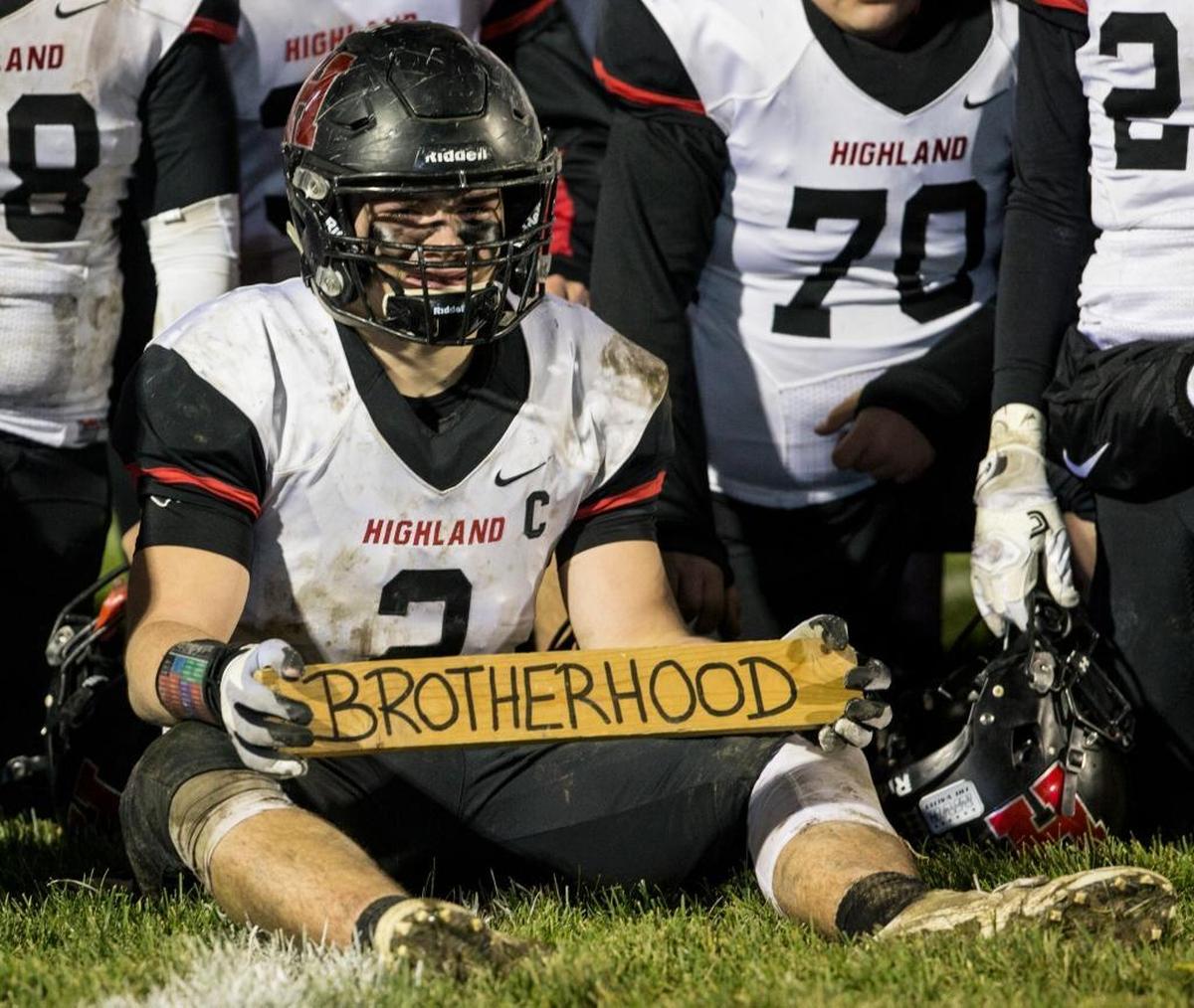Linebacker Kyle Lane during a team picture Saturday after a playoff game at Rochester High School.