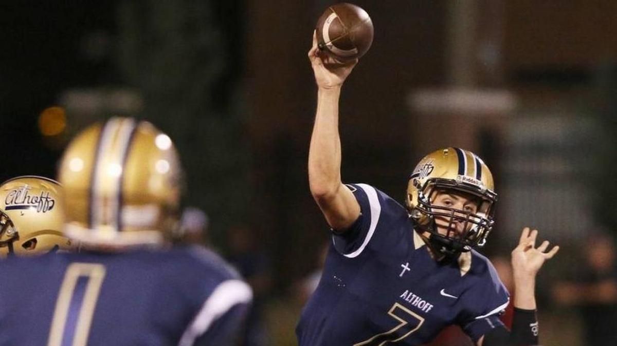 Former Althoff quarterback Jordan Augustine throws a pass against Centralia in a 2015 game.