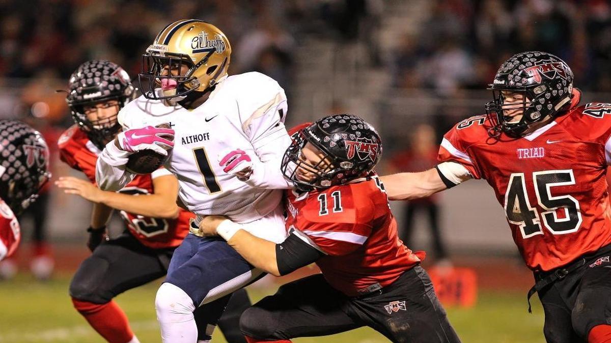 Althoff’s Keenen Young (1) and the Crusaders will be trying to end Rochester’s five-year run of state championships Saturday in the Class 4A quarterfinals at Lindenwood.