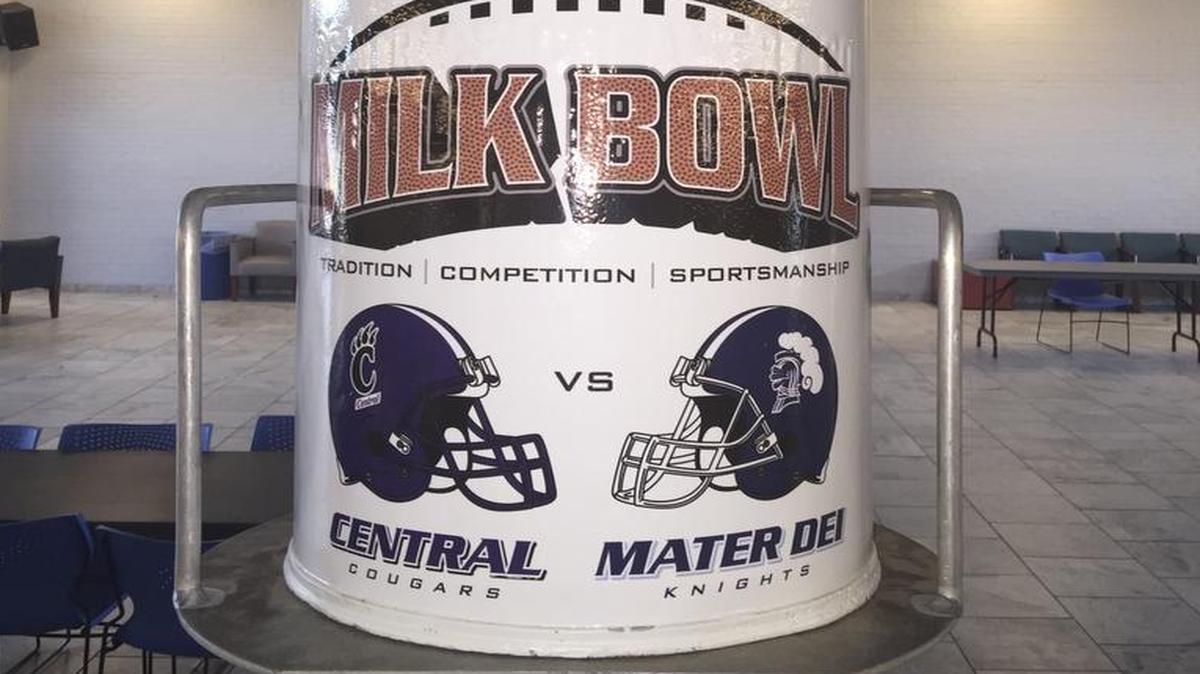 
The Milk Bowl trophy, presented to the winner of the annual Central-Mater Dei football game.
