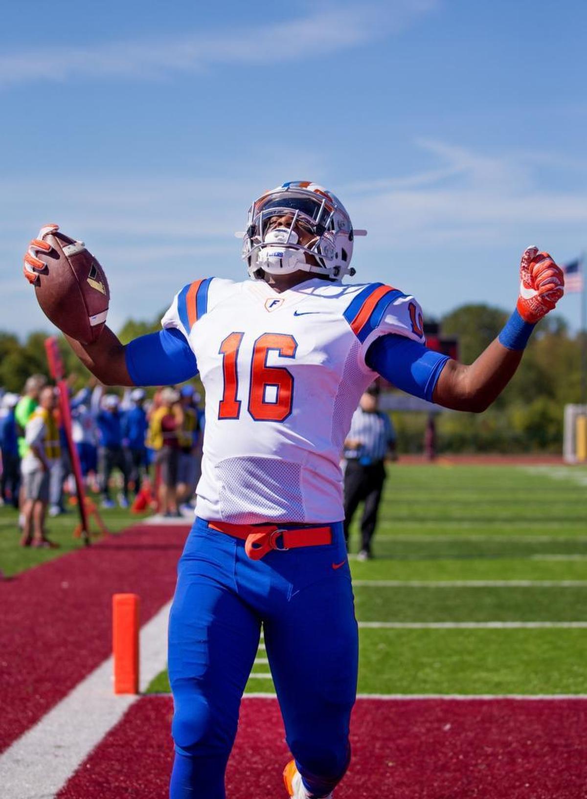 East St. Louis’ Lawaun Powell reacts after his TD against Belleville West during Saturday’s game at Belleville West High School.