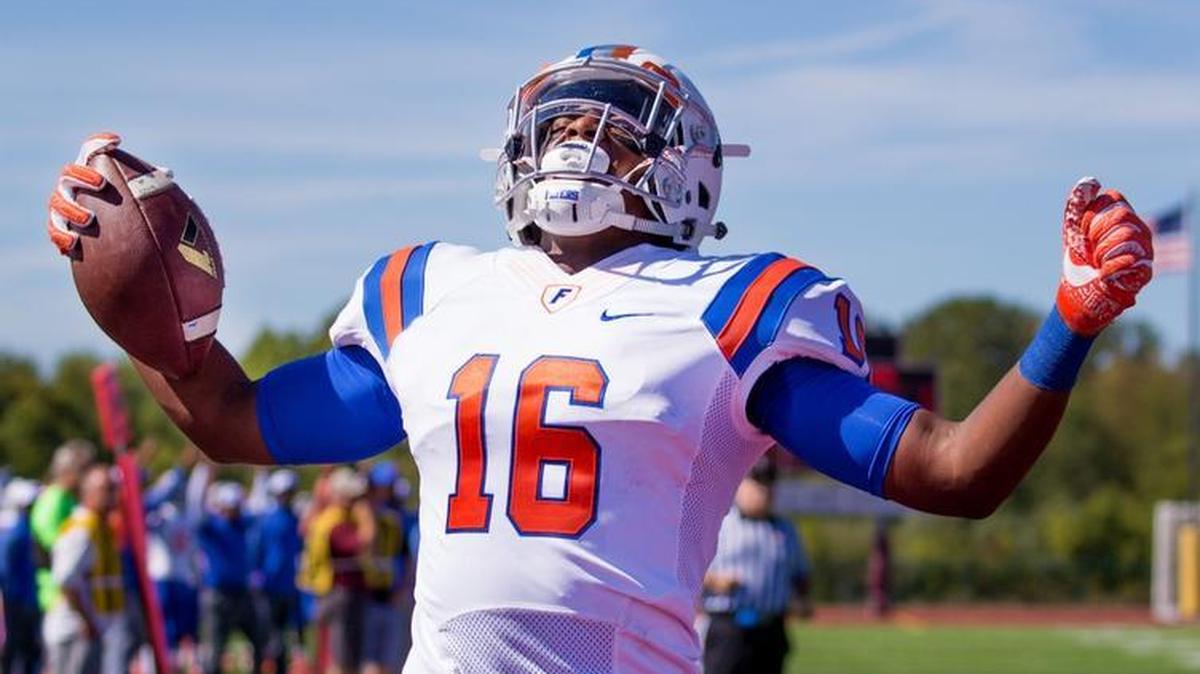 East St. Louis’ Lawaun Powell reacts after his TD against Belleville West during Saturday’s game at Belleville West High School.