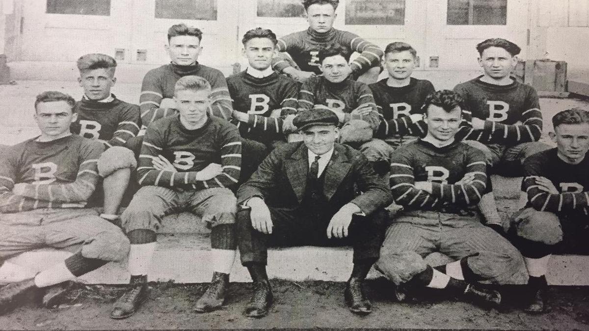 The first team at Belleville Township High School, circa 1916. The team’s first game ended in a 0-0 tie, then it captured the program’s first victory against McKendree College at Lebanon.
