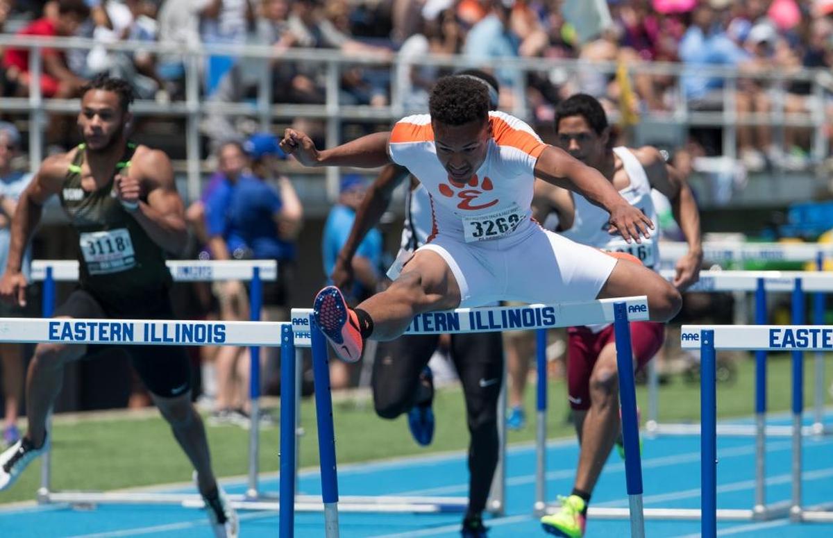Edwardsville’s Travis Anderson competes in the Class 3A 110-meter high hurdles title race at the IHSA track and field state finals Saturday, May 27, 2017, in Charleston.