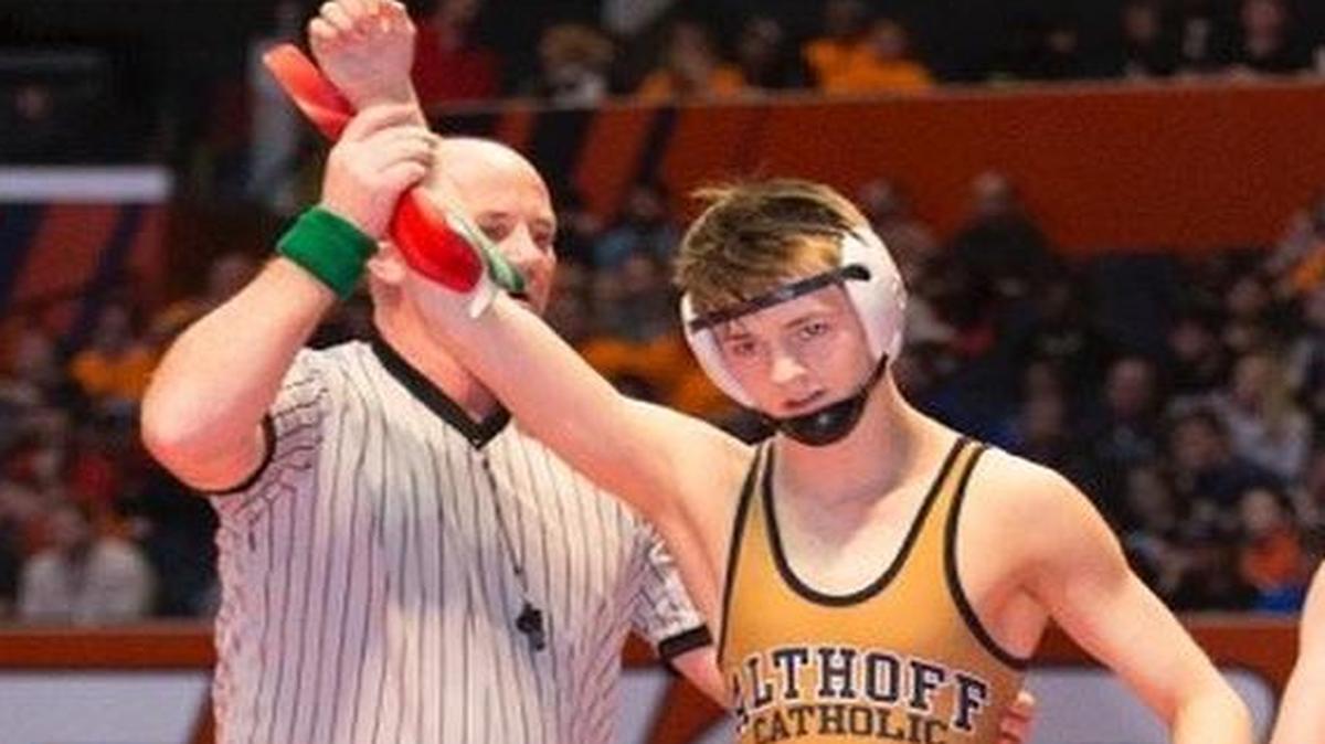 Althoff’s Chase Bittle, shown here winning the state championship at 120 pounds, is the Belleville News-Democrat Class 1A Wrestler of the Year. He finished with a 45-0 record.