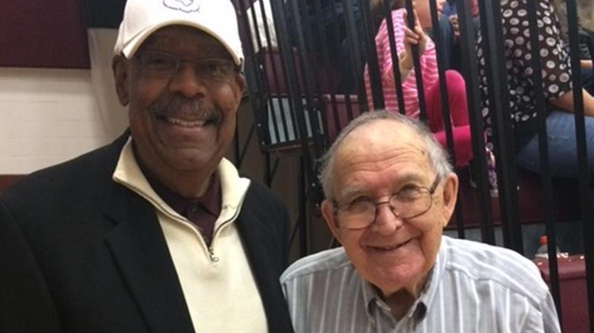 Lloyd Elmore with Belleville basketball great Joe Wiley during the Belleville East 50th anniversary celebration in 2016.