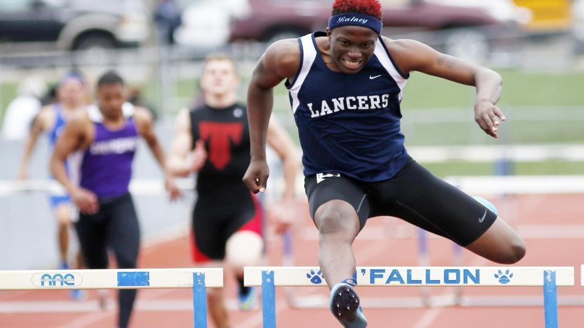 Belleville East’s William Session, shown here winning the 300-meter hurdles event at the O’Fallon Relays, will be among the area standouts competing Saturday at Belleville West.