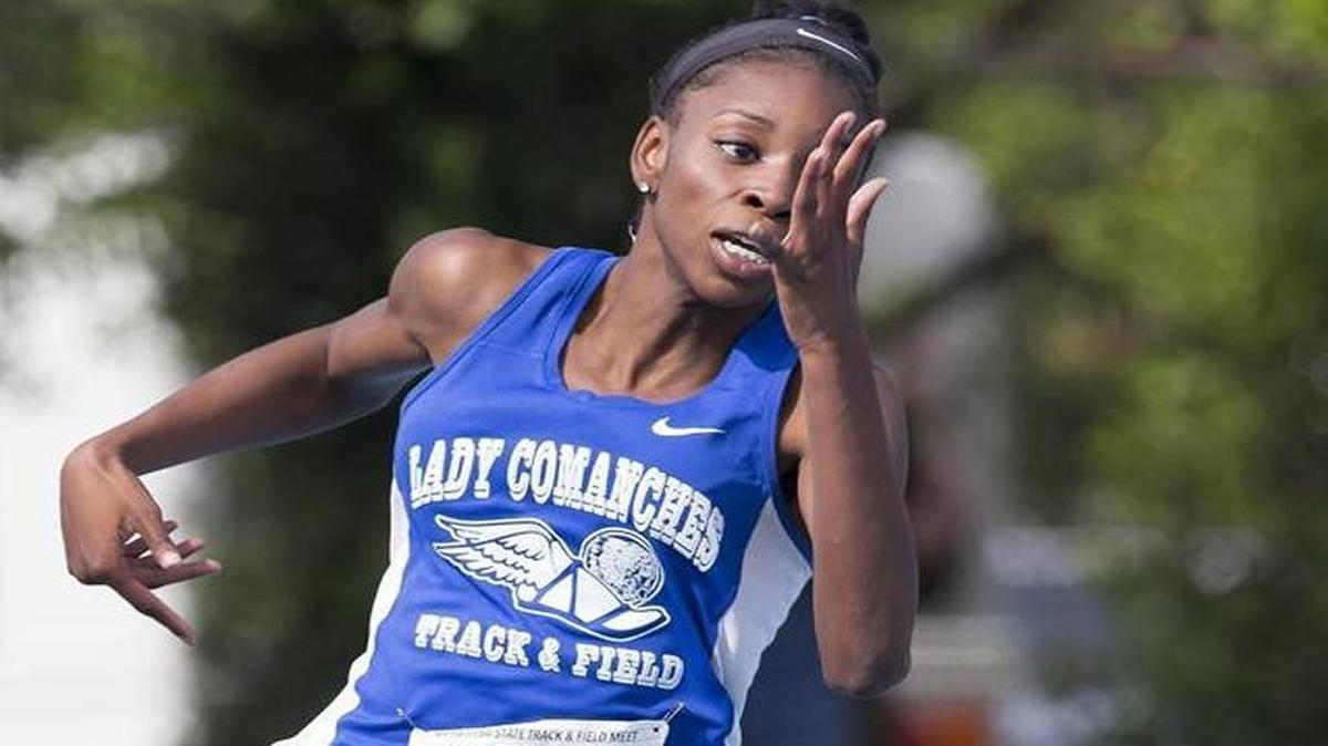 Cahokia’s Mariya Hudson is on her way to winning the 200-meter dash at the 2016 Class 2A state track meet in Charleston. Hudson’s win helped the Comanches win state again.