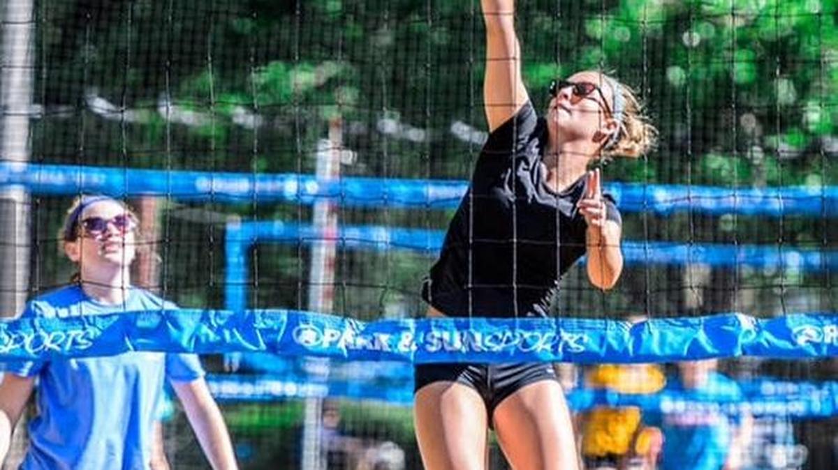 Columbia High senior Colene Hamilton (right), shown here with summer beach volleyball teammate Jordan Jacobs, is receiving a Division I scholarship in sand volleyball at Central Arkansas.