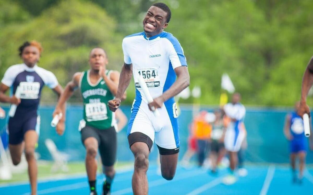 
Cahokia junior Jamari Ward helps Cahokia win the 4x100-meter relay during the IHSA track and field state meet in O’Brien Stadium on the campus of Eastern Illinois University in Charleston in May
