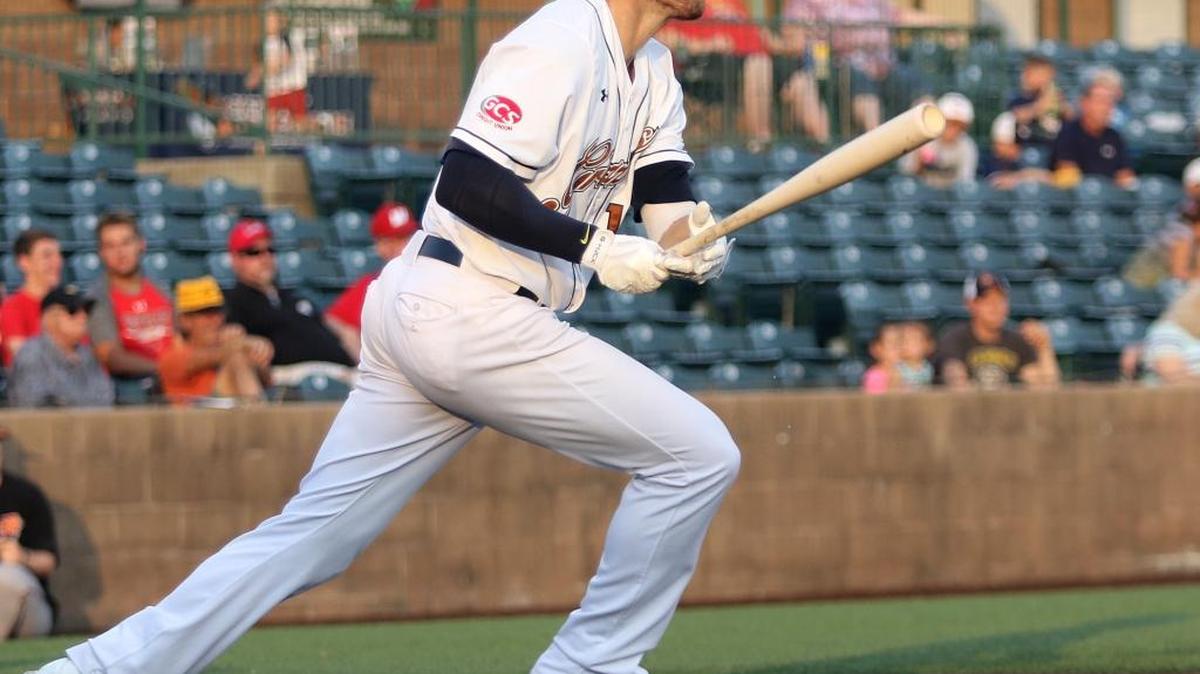Gateway’s Brandon Thomas watches as his hit clears the right-field wall for a two-run home run against the Schaumburg Boomers on Wednesday evening at GCS Ballpark. The Grizzlies rallied for three runs in the bottom of the ninth to win 5-4.